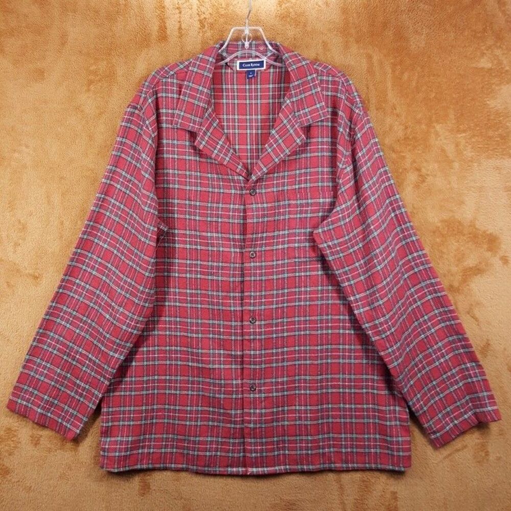 CLUB ROOM Sleepwear Mens Large Red Plaid Flannel Button Up Collared Pajama Shirt